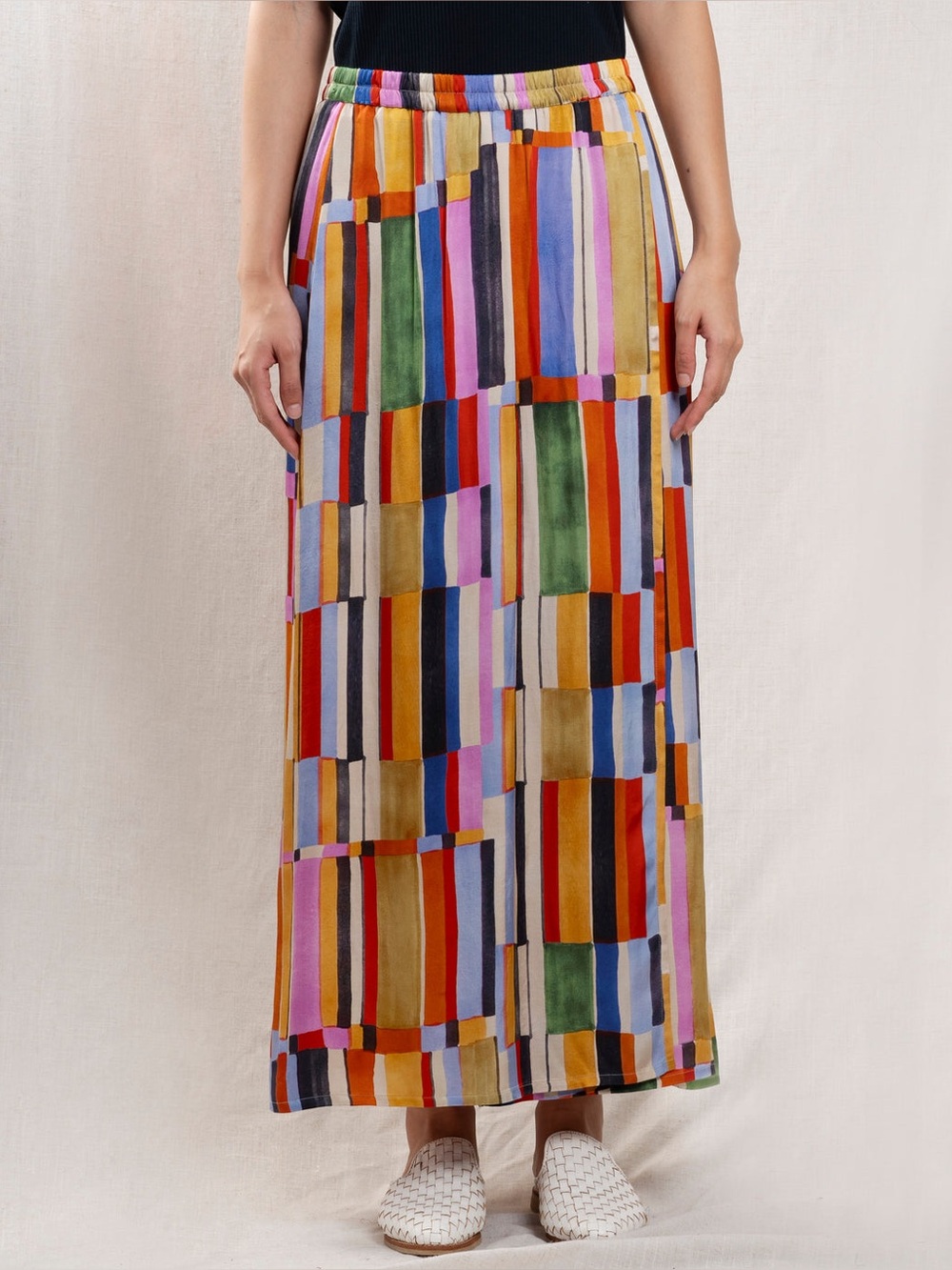 Hartford- Jasmine Multicolor Striped & Block Midi Skirt